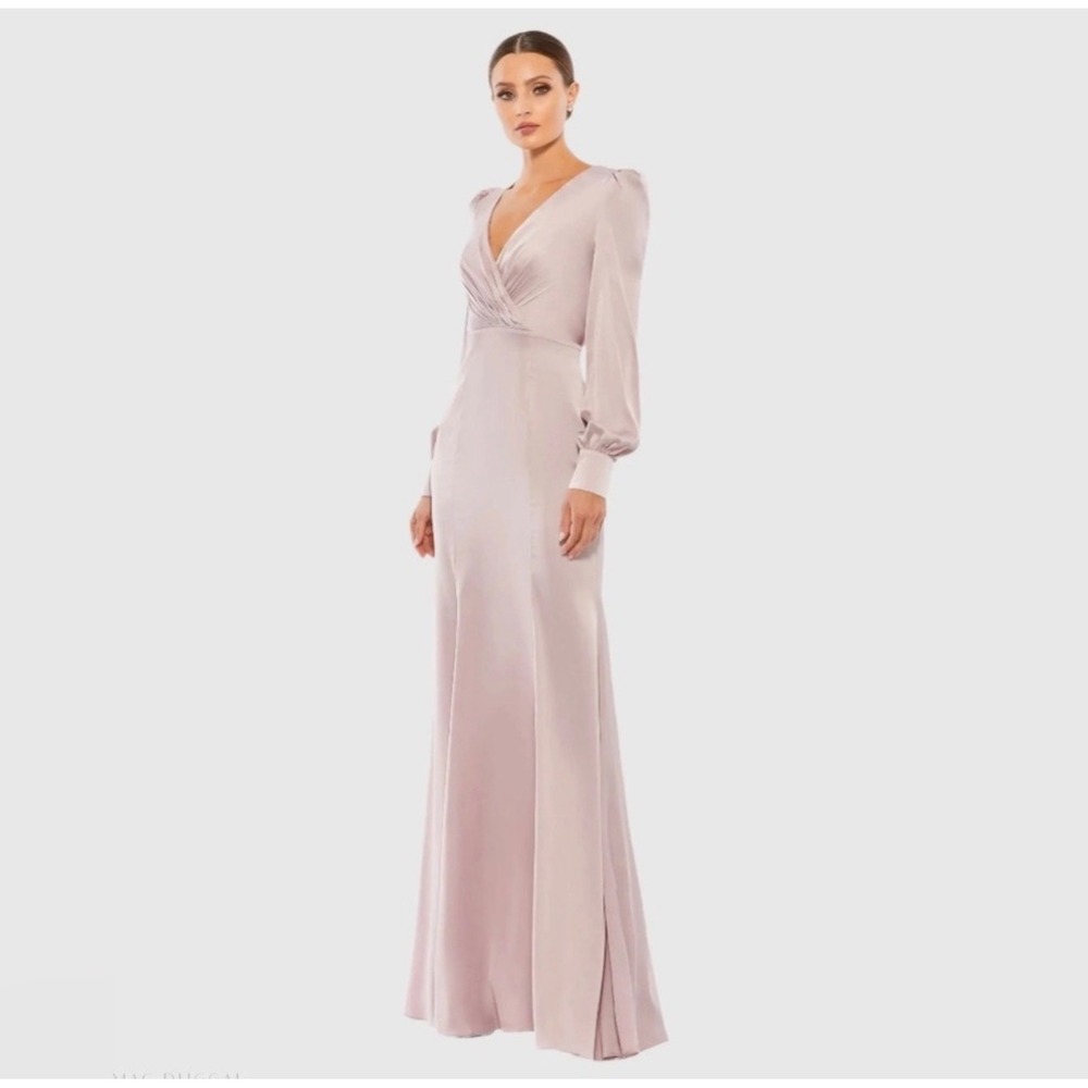 Ieena for Mac Duggal 55635 Rose Pink Satin Bishop Sleeve Gown Size 12 NWT $398